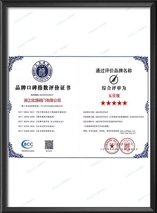 五星級(jí)品牌口碑指數(shù)評(píng)價(jià)證書